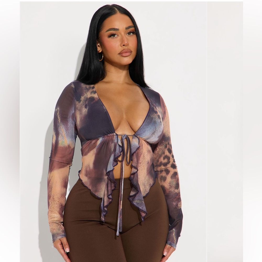 Fashion Nova Stylish Brown Combo Ruffle Mesh Flyaway Top